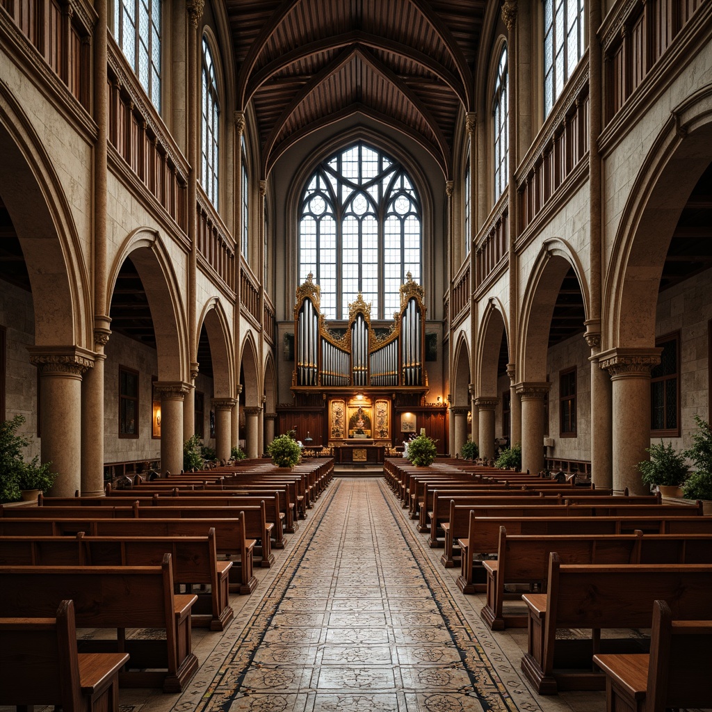 Prompt: Intricate ornate pews, curved wooden benches, stained glass windows, mosaic tile floors, grand organs, ornate altars, decorative pulpits, sinuous metalwork, flowing floral patterns, natural materials, earthy tones, warm candlelight, soft diffused lighting, 1/1 composition, symmetrical framing, high ceilings, vaulted arches, Gothic influences, sacred symbols, mystical ambiance, luxurious fabrics, velvet drapes, carved wooden panels, gilded details, vintage hardware, antique fixtures.