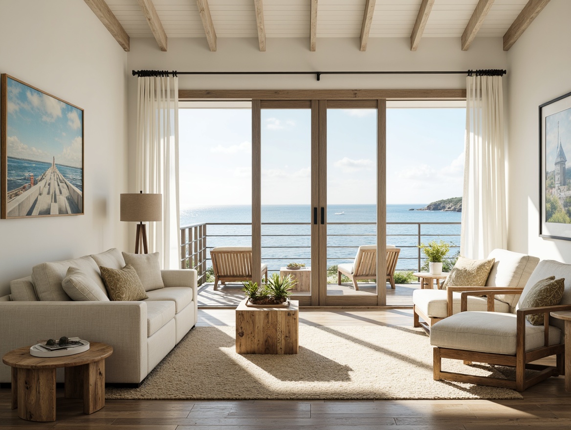 Prompt: Coastal villa, large windows, sliding glass doors, sheer curtains, reflective white walls, nautical accents, driftwood furniture, ocean-inspired artwork, natural textiles, woven seagrass rugs, soft cream colors, beachy ambiance, warm sunny day, gentle sea breeze, subtle shadows, shallow depth of field, 1/1 composition, realistic rendering.