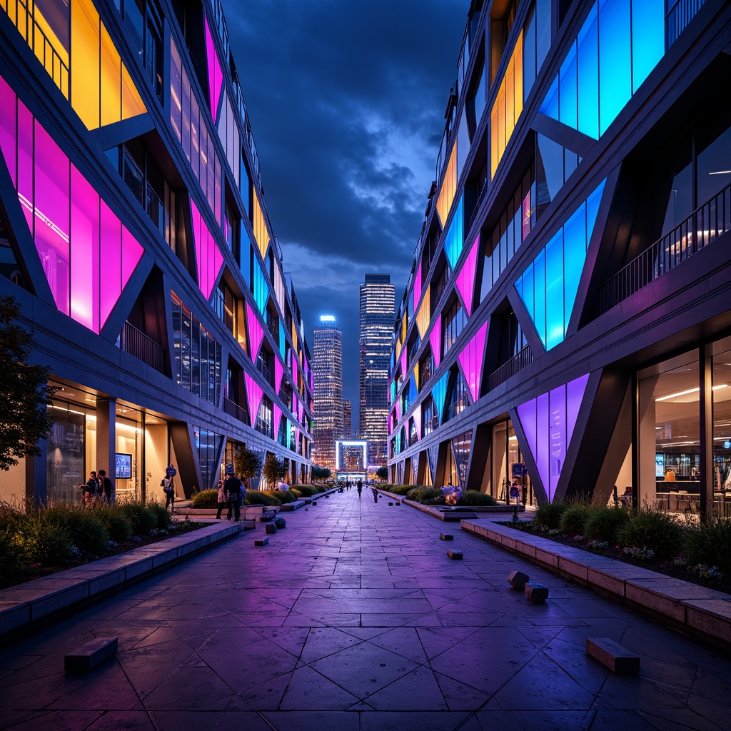 Prompt: Vibrant urban landscape, futuristic skyscrapers, neon lights, bold color contrasts, electric blue accents, bright yellow highlights, deep purple shadows, metallic silver reflections, glossy black surfaces, abstract geometric patterns, 3D architectural forms, high-contrast lighting, dramatic nighttime scenery, cinematic atmosphere, wide-angle lens, low-perspective composition, detailed textures, ambient occlusion.