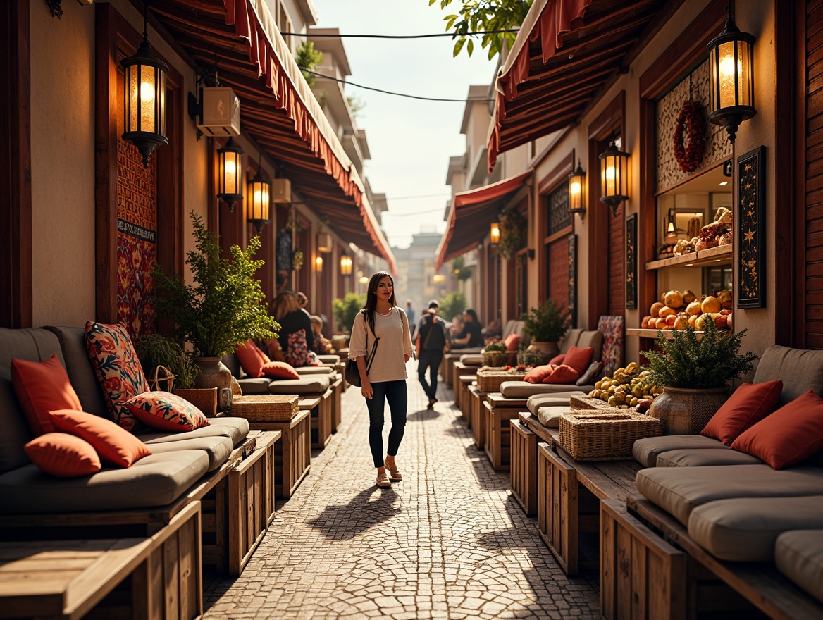 Prompt: Vibrant market stalls, colorful fabrics, exotic patterns, eclectic textures, Moroccan-inspired tiles, ornate lanterns, rustic wooden crates, woven baskets, intricately carved furniture, plush cushions, rich tapestries, aromatic spices, fresh fruits, lively street performers, warm golden lighting, shallow depth of field, 1/2 composition, realistic rendering, ambient occlusion.