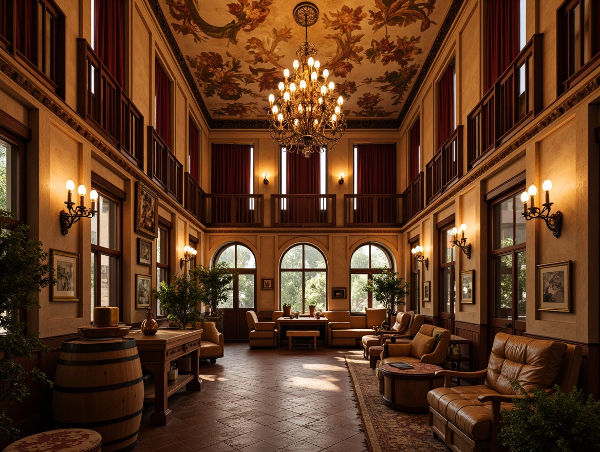 Prompt: Warm winery interior, rustic wooden accents, vintage wine barrels, ornate Renaissance-style chandeliers, soft warm lighting, golden candlelight, dimmed floor lamps, rich velvet drapes, distressed stone walls, arched windows, grand staircases, luxurious furnishings, elegant frescoes, intricate stucco ceilings, warm beige tones, soft diffused lighting, 1/2 composition, shallow depth of field, realistic textures, ambient occlusion.