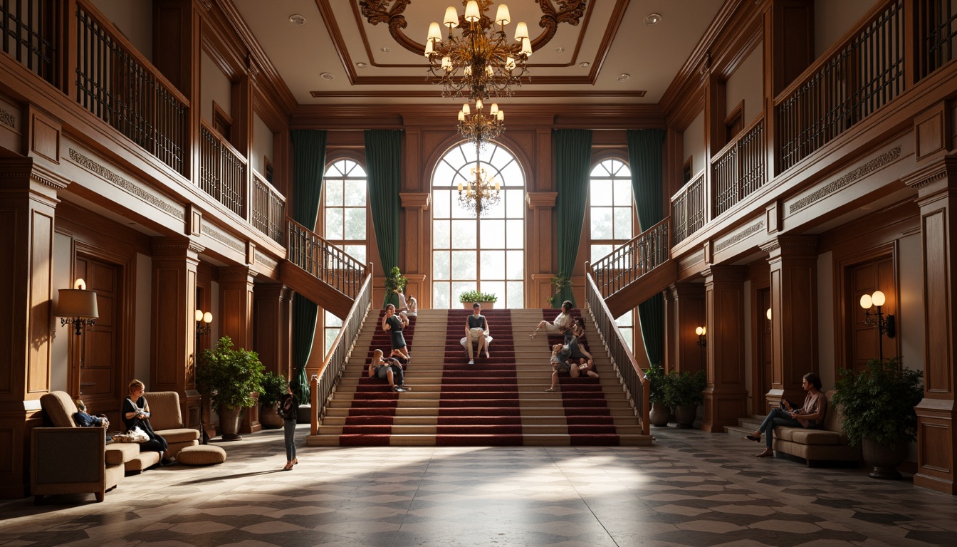 Prompt: Elegant student halls, ornate chandeliers, warm soft lighting, grand staircases, marble floors, intricately carved wooden panels, luxurious fabrics, rich velvet drapes, ornamental moldings, subtle warm color palette, traditional architectural details, high ceilings, large windows, natural light pouring in, subtle shading, 1/1 composition, symmetrical framing, realistic textures, ambient occlusion.