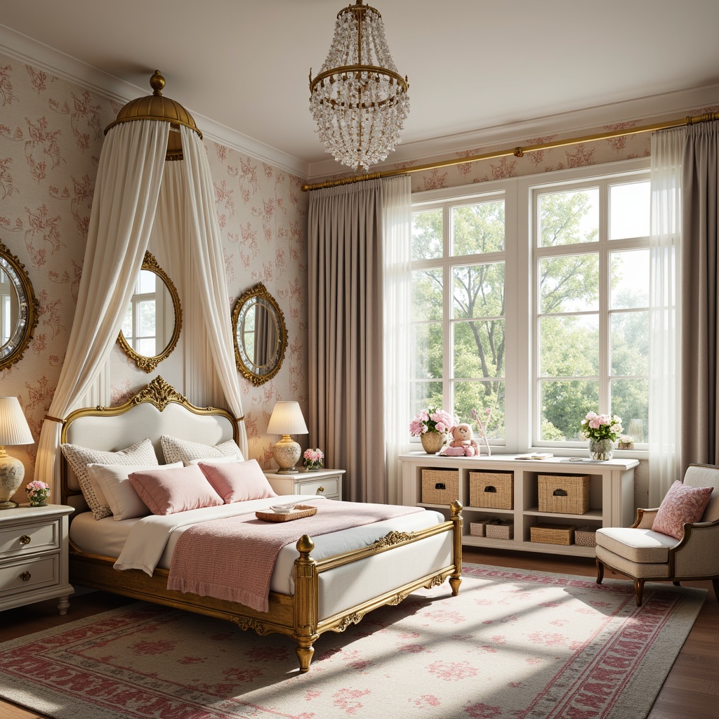 Prompt: Whimsical kids' bedroom, ornate furniture, curved lines, golden accents, soft pastel colors, plush carpets, intricately carved wooden bed frames, delicate lace canopies, velvet upholstery, crystal chandeliers, Baroque-inspired mirrors, playful toy storage units, colorful woven baskets, Rococo-style wallpaper patterns, elegant drapery, natural light pouring through large windows, warm cozy atmosphere, shallow depth of field, 1/2 composition, soft focus effect.