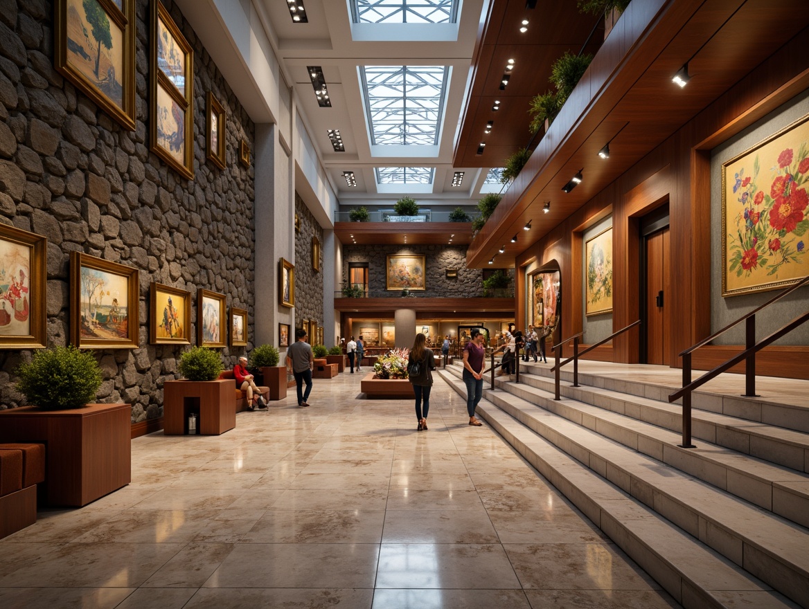 Prompt: Elegant museum interior, polished marble floors, rich wood accents, sleek metal railings, contrasting rough stone walls, vibrant colored artwork, ornate golden frames, sophisticated lighting fixtures, dramatic staircase, spacious open galleries, natural light pouring in, warm atmospheric ambiance, 1/1 composition, shallow depth of field, soft focus blur.