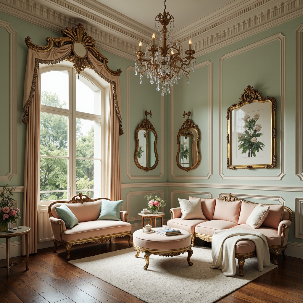 Prompt: Opulent Rococo interior, soft pastel hues, gentle cream, pale blue, mint green, blush pink, gold accents, ornate mirrors, intricate carvings, velvet upholstery, luxurious fabrics, delicate lace, crystal chandeliers, subtle sheen, warm candlelight, intimate setting, romantic ambiance, 1/1 composition, shallow depth of field, soft focus, elegant textures.