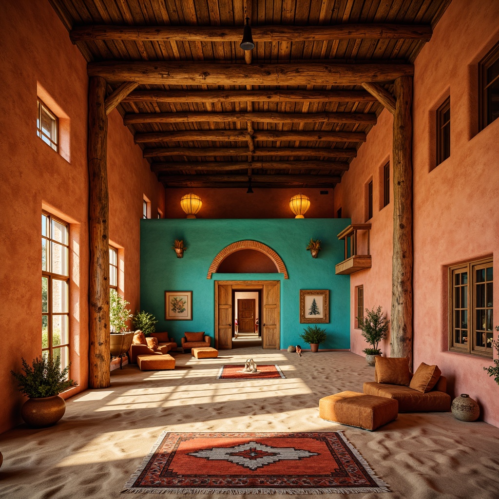 Prompt: Vibrant turquoise accents, earthy red rock walls, sandy beige floors, wooden beam ceilings, woven Native American-inspired textiles, geometric patterned rugs, warm golden lighting, soft sunset hues, southwestern cultural motifs, dramatic stage lighting, tiered seating areas, rustic metal fixtures, natural stone columns, adobe-style architecture, ornate wooden doors, vibrant ceramic tiles, cozy intimate atmosphere, 1/1 composition, shallow depth of field, warm soft focus.