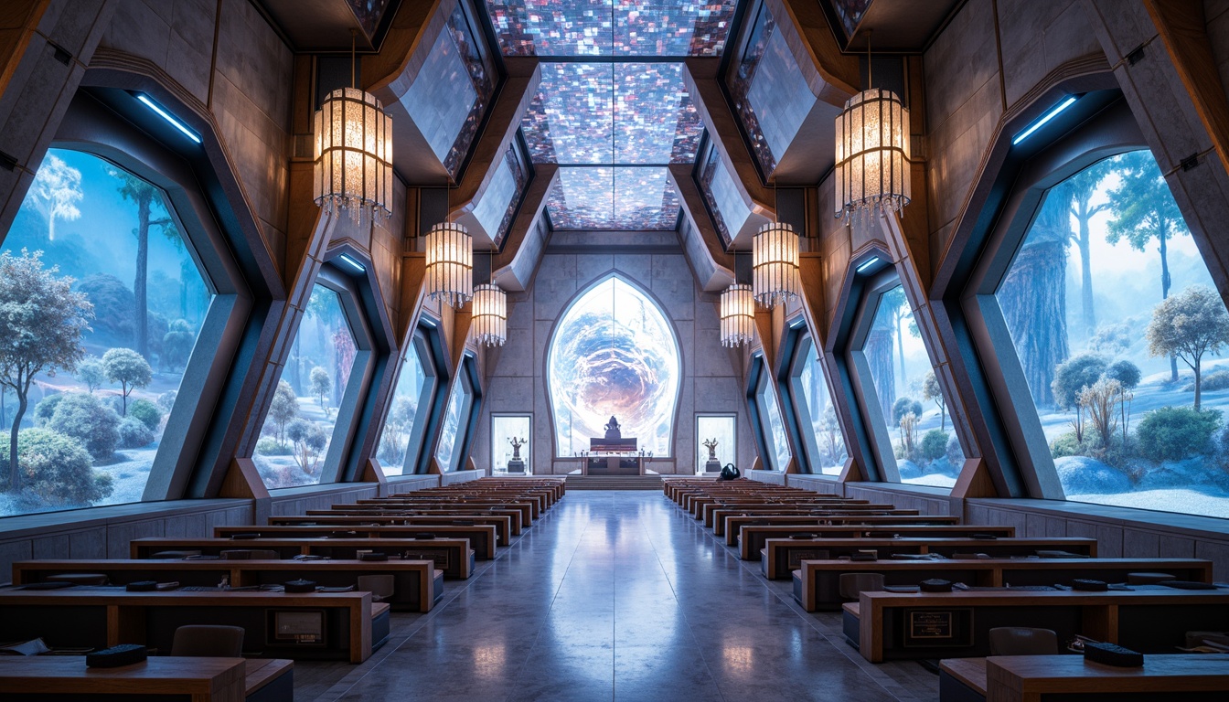 Prompt: Ethereal sacred sanctum, gleaming metallic accents, holographic stained glass windows, luminescent ceiling tiles, futuristic pews, sleek minimalist altar, angular geometric patterns, iridescent marble flooring, crystal chandeliers, ambient LED lighting, virtual reality prayer stations, cyberpunk-inspired murals, neon-lit scripture displays, avant-garde sculptures, levitating candles, misty atmospheric effects, shallow depth of field, 1/1 composition, panoramic view, realistic metallic textures, ambient occlusion.