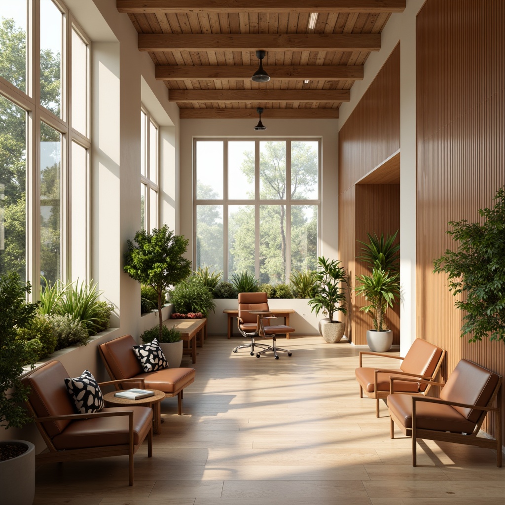 Prompt: Calming office space, natural wood furniture, earthy color tones, warm beige walls, soft cream accents, rich brown leather chairs, lush green plants, floor-to-ceiling windows, abundant natural light, gentle gradient backgrounds, subtle texture overlays, 1/1 composition, shallow depth of field, realistic materials, ambient occlusion.