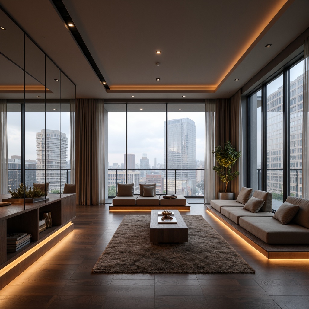 Prompt: Modern apartment interior, sleek lines, minimalist decor, LED strip lighting, soft warm glow, recessed ceiling lights, floor-to-ceiling windows, natural daylight, sheer curtains, urban cityscape views, cozy reading nooks, plush area rugs, low-profile furniture, metallic accents, neutral color palette, ambient mood lighting, 1/1 composition, shallow depth of field, realistic textures.