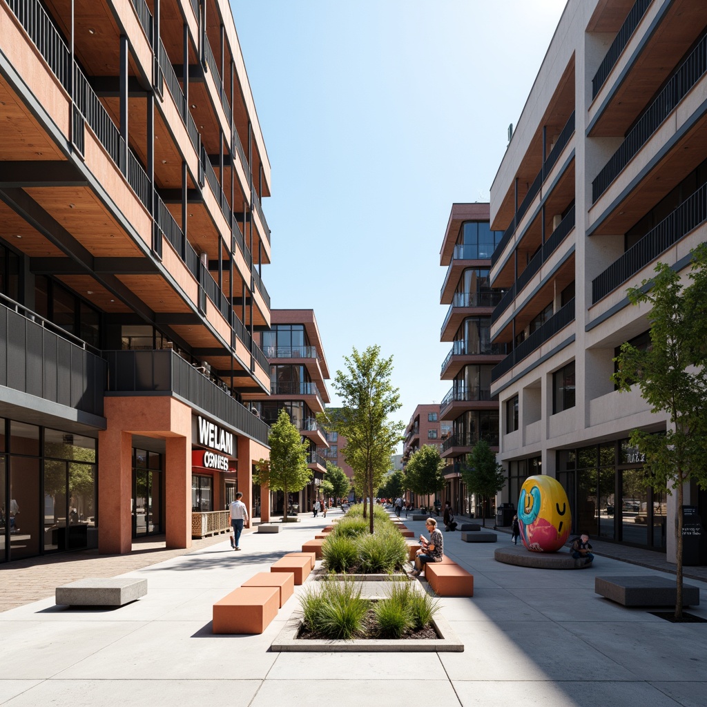 Prompt: Urban public plaza, geometric shapes, industrial materials, steel beams, concrete floors, minimalist benches, functional lighting, open floor plans, rectangular forms, primary color schemes, bold typography, abstract sculptures, urban landscaping, vibrant street art, sunny day, high contrast lighting, shallow depth of field, 1/1 composition, symmetrical framing, modernist architecture, brutalist influences.