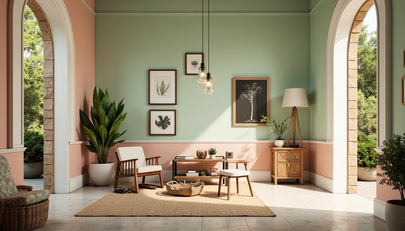 Prompt: Pastel mint walls, soft peach accents, creamy white trim, rich wood tones, natural textures, botanical elements, elegant archways, vintage furniture pieces, warm golden lighting, shallow depth of field, 1/1 composition, realistic renderings, ambient occlusion.