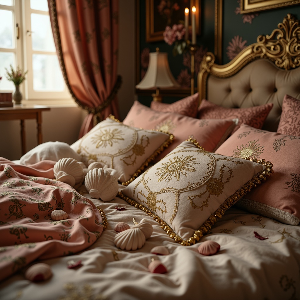 Prompt: Luxurious velvet fabrics, intricate golden embroidery, soft pastel hues, ornate floral patterns, delicate lace trimmings, rich brocade textures, opulent satin drapes, lavish silk upholstery, Baroque-inspired motifs, whimsical shell-shaped accents, feminine bows and ribbons, subtle sheen finishes, warm candlelight ambiance, intimate boudoir setting, 1/1 composition, soft focus photography, dreamy atmospheric lighting.