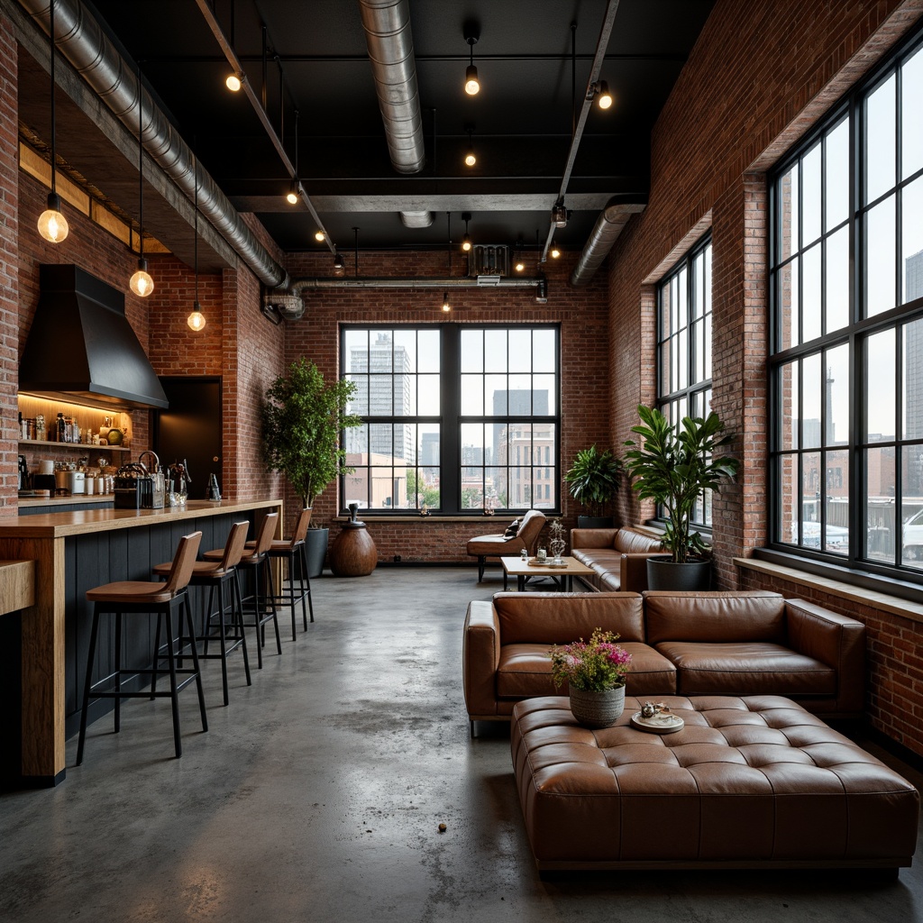 Prompt: Exposed brick walls, metallic beams, reclaimed wood accents, industrial-style lighting fixtures, concrete floors, urban cityscape views, converted warehouse spaces, modern minimalist decor, functional pipes and ductwork, Edison bulb pendants, distressed leather furniture, steel framed windows, moody atmospheric lighting, shallow depth of field, 2/3 composition, realistic textures, ambient occlusion.