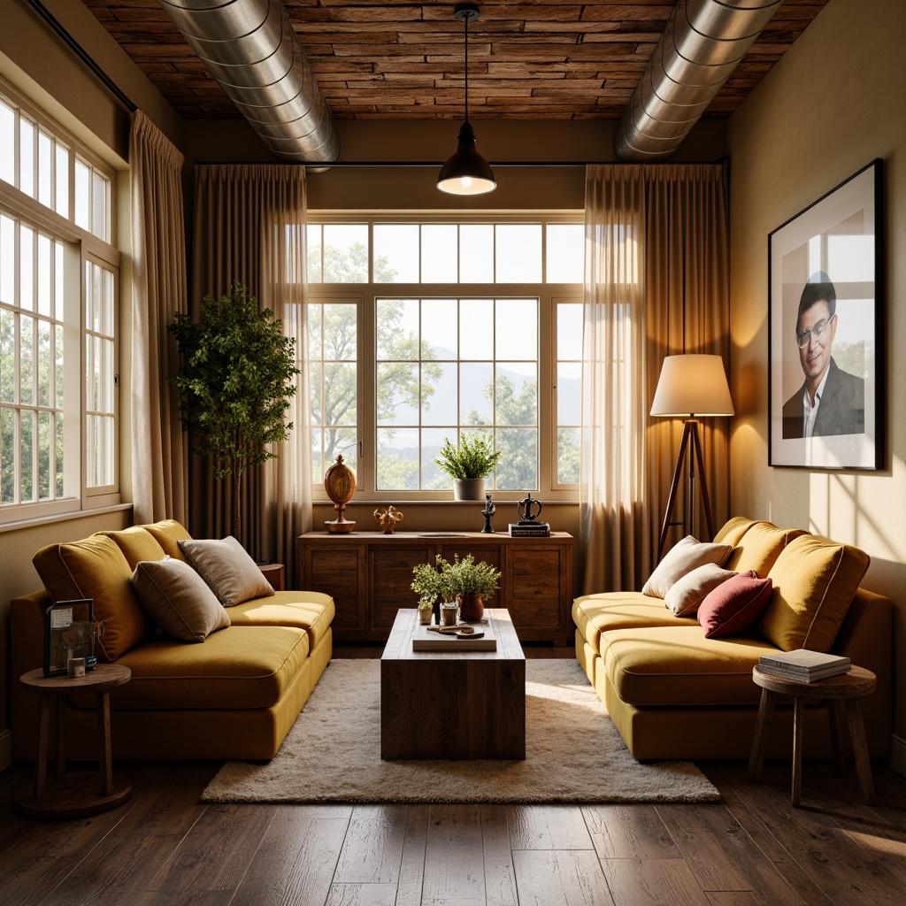 Prompt: Cozy living room, warm beige walls, plush velvet sofas, rustic wooden coffee tables, modern floor lamps, soft warm glow, pendant lighting fixtures, industrial metal shades, exposed brick ceilings, large windows, natural daylight, sheer curtains, ambient illumination, 1/1 composition, realistic textures, subtle shadows.