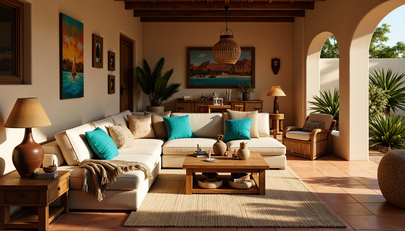 Prompt: Cozy southwestern-style family room, warm terracotta floors, plush sectional sofas, vibrant turquoise accents, rustic wooden coffee tables, natural woven baskets, earthy clay vases, soft warm lighting, table lamps with wicker shades, floor lamps with ceramic bases, candles in mercury glass holders, pendant lights with reclaimed wood details, warm beige walls, textured throw blankets, potted cacti, sunny afternoon, soft focus, 1/2 composition, intimate atmosphere.