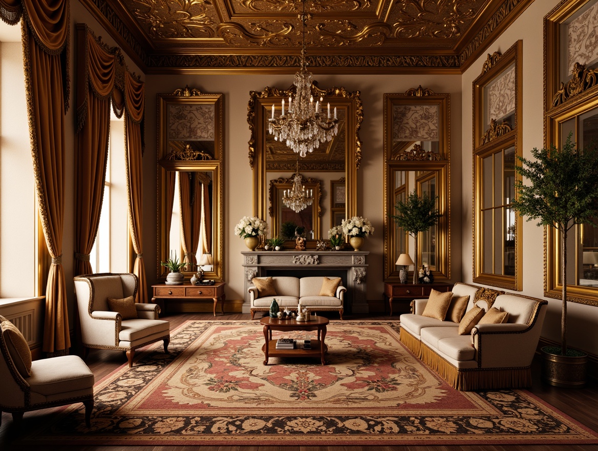 Prompt: Opulent baroque interior, rich velvet fabrics, intricate golden embroidery, luxurious silk drapes, ornate wooden furniture, carved gilded details, crystal chandeliers, grand scale, dramatic lighting, warm beige walls, lavish upholstery, tassel trimmings, oversized mirrors, Renaissance-inspired patterns, heavy brocade textures, regal atmosphere, 1/2 composition, soft focus, warm color palette.