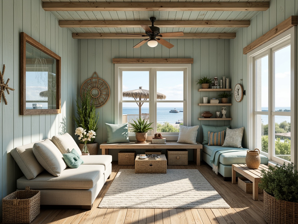 Prompt: Coastal craft room, distressed wood furniture, vintage nautical decorations, rustic rope accents, soft blue-green color palette, woven sea grass baskets, coral-inspired vases, driftwood shelves, natural fiber rugs, calming ocean views, warm sunny lighting, shallow depth of field, 3/4 composition, realistic textures, ambient occlusion.