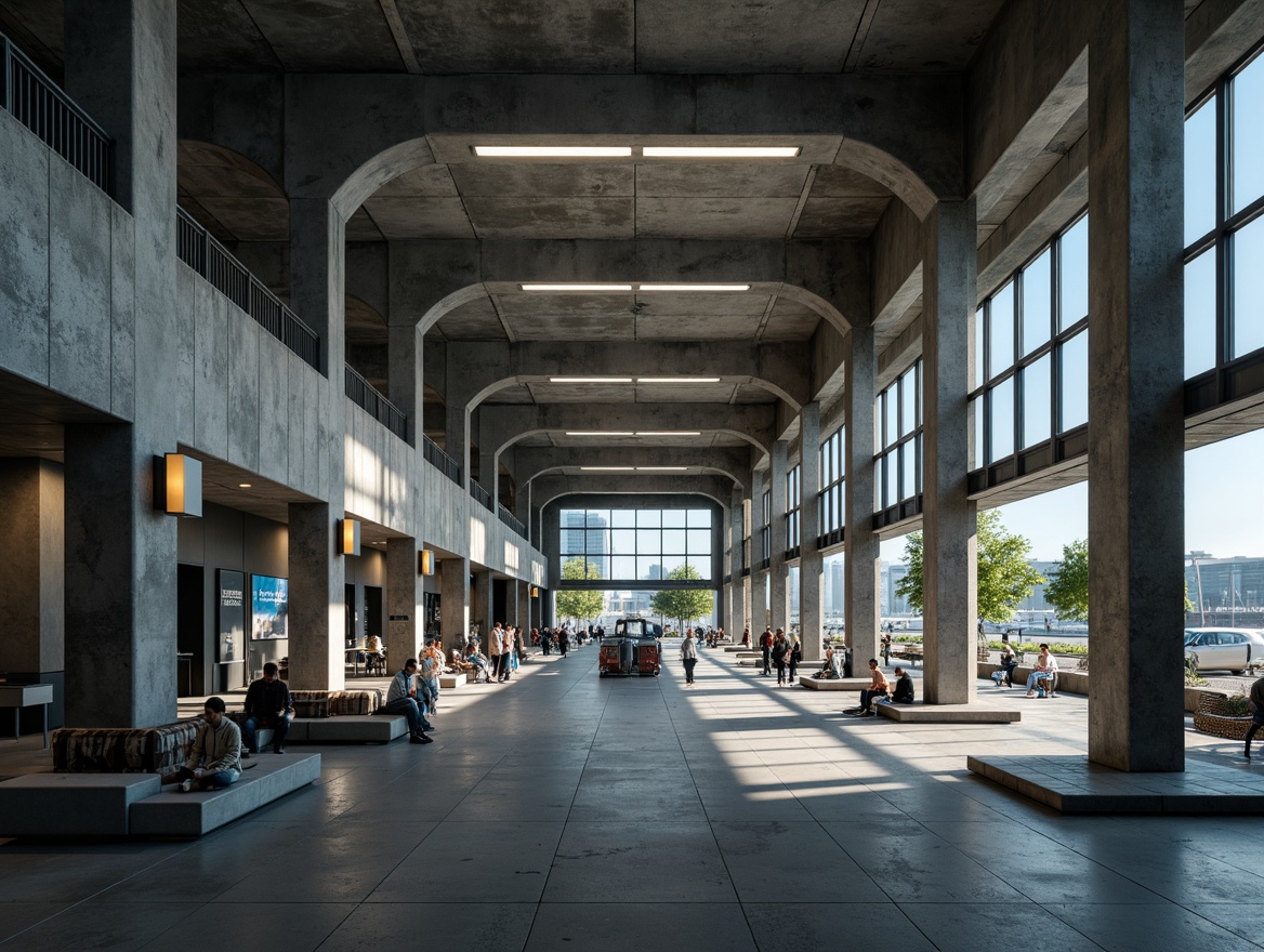 Prompt: Expanse open space, brutalist architecture, concrete columns, rugged textures, industrial chic, airport terminals, minimalist seating areas, modern signage, metallic accents, functional lighting, high ceilings, dramatic shadows, cinematic atmosphere, 1/1 composition, symmetrical framing, moody color palette, ambient occlusion, realistic materials.