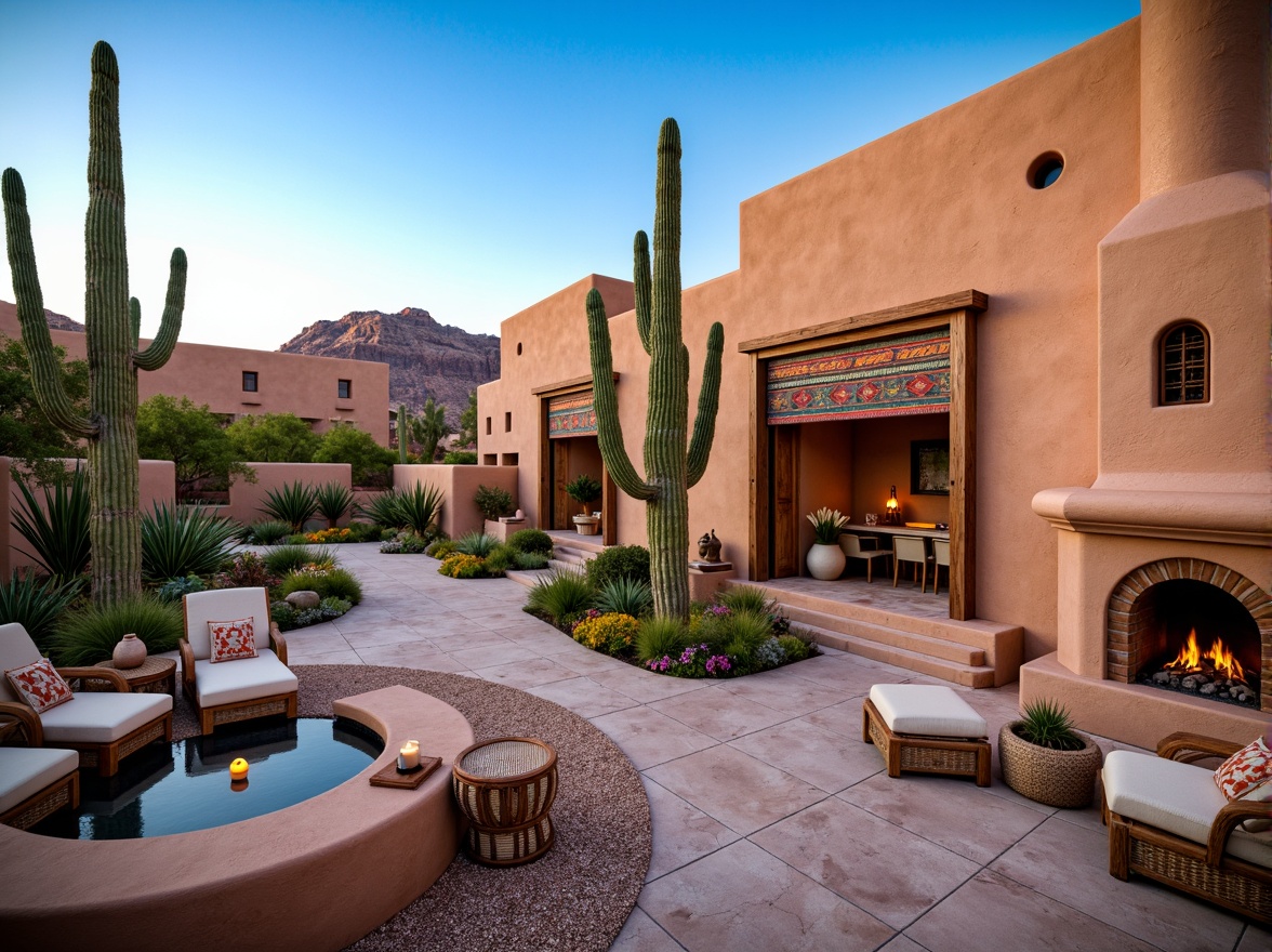 Prompt: Vibrant adobe architecture, earthy terracotta walls, rustic wooden accents, woven Native American patterns, colorful tribal textiles, natural linen upholstery, distressed leather furniture, warm candle lighting, cozy fireplace nooks, arid desert landscape, majestic saguaro cacti, sandy dunes, clear blue skies, dramatic rock formations, organic shape pools, meandering stone pathways, lush greenery, vibrant flowers, Southwestern-inspired artwork, geometric tilework, earthenware pottery, woven baskets, rattan furniture, warm beige color palette, soft warm lighting, shallow depth of field, 3/4 composition, panoramic view, realistic textures, ambient occlusion.