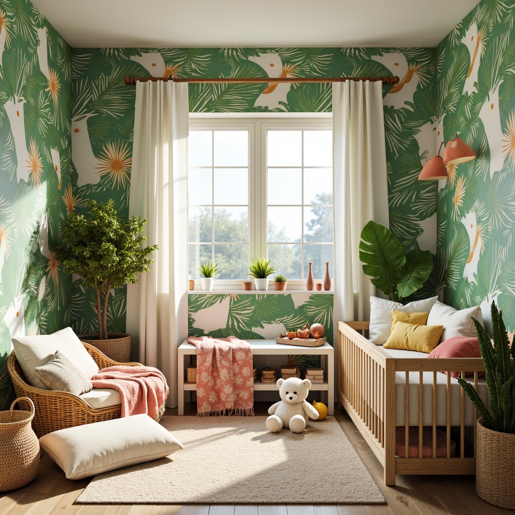 Prompt: Vibrant tropical baby room, lush greenery, exotic floral patterns, soft pastel colors, whimsical jungle creatures, plush fabrics, velvety textures, natural fibers, breathable materials, woven baskets, rattan furniture, warm beige tones, creamy whites, sunny yellow accents, coral pink hues, palm tree motifs, leafy greens, airy atmosphere, soft diffused lighting, shallow depth of field, 1/1 composition, realistic textures, ambient occlusion.