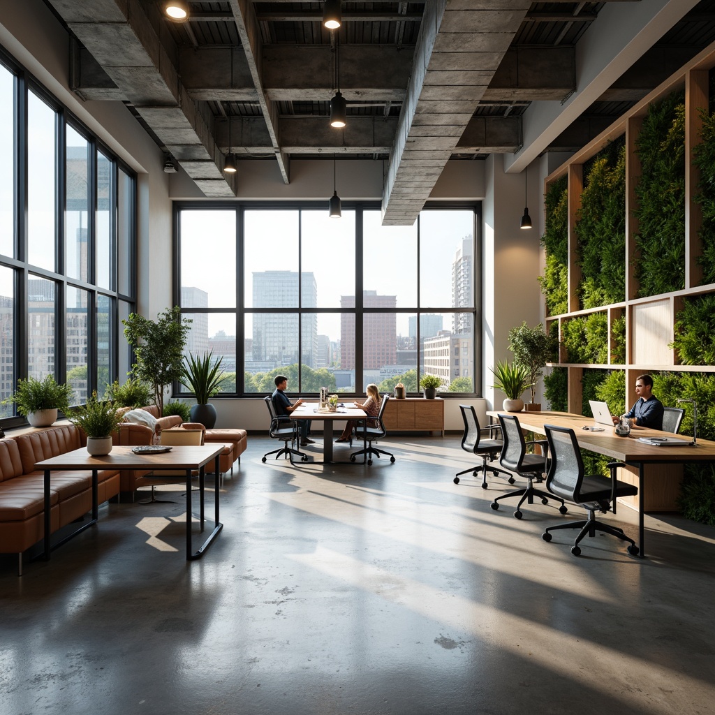 Prompt: Open-plan office space, minimalist decor, sleek metal furniture, ergonomic chairs, collaborative workstations, floor-to-ceiling windows, natural light pouring in, urban cityscape views, modern industrial architecture, polished concrete floors, neutral color palette, functional shelving units, green walls, air-purifying plants, acoustic panels, warm ambient lighting, 1/1 composition, shallow depth of field, realistic textures, subtle gradient maps.