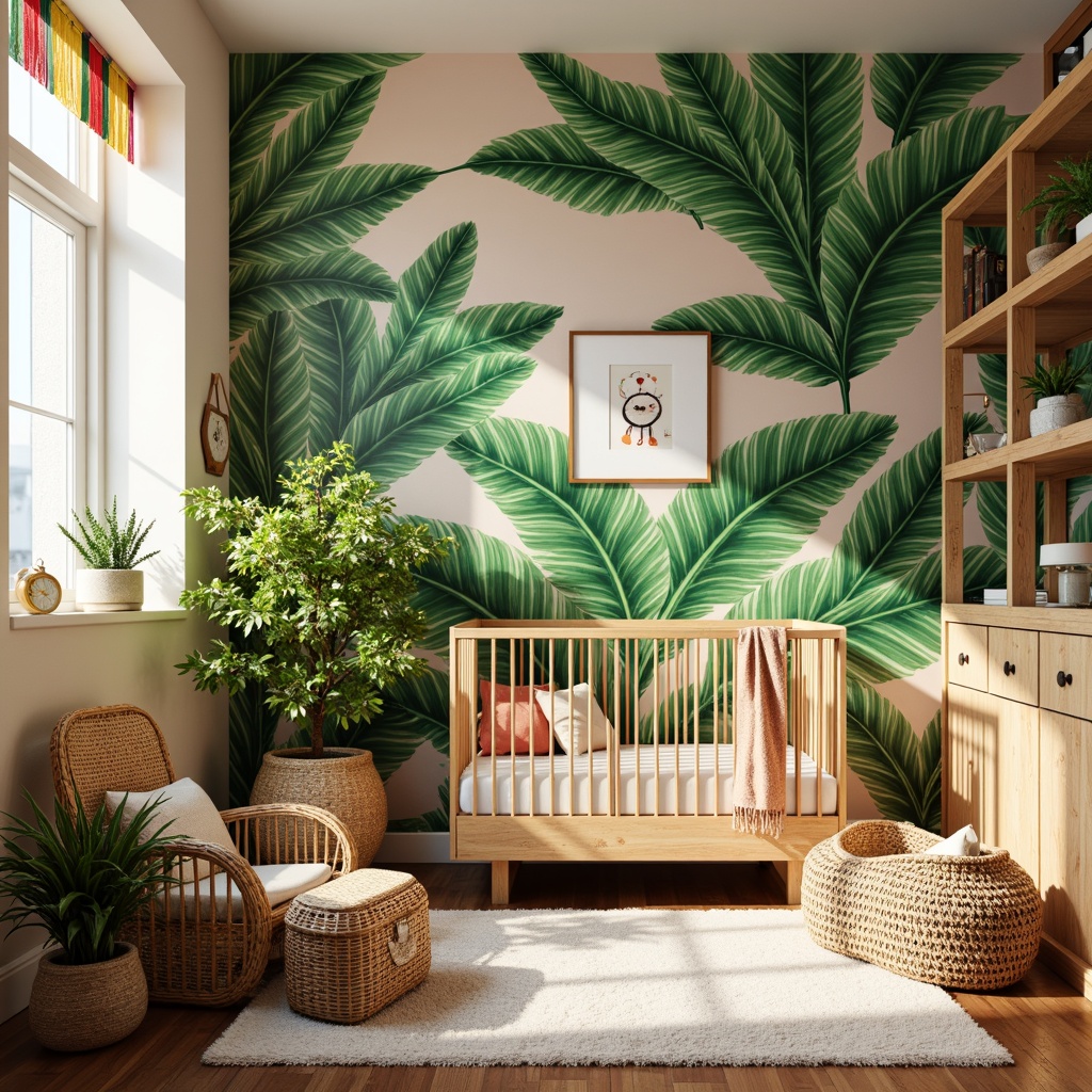 Prompt: Vibrant tropical nursery, exotic palm trees, woven rattan furniture, soft pastel colors, natural wood accents, plush area rug, cozy reading nook, jungle-inspired wallpaper, colorful tassel garlands, whimsical mobiles, woven basket storage, nature-inspired artwork, warm golden lighting, shallow depth of field, 1/1 composition, intimate atmosphere, realistic textures, ambient occlusion.