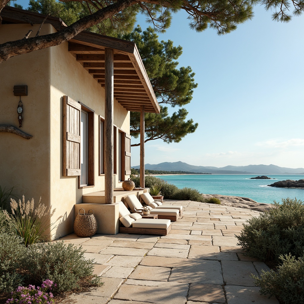 Prompt: Soothing coastal cottage, weathered wooden facade, driftwood decorations, nautical accents, calming ocean views, soft sandy dunes, seashell wind chimes, misty morning light, warm beige stucco, rustic stone pathways, vibrant coral reefs, turquoise water reflections, subtle seafoam textures, relaxed beach atmosphere, gentle sea breeze, 1/1 composition, shallow depth of field, realistic rendering, ambient occlusion.