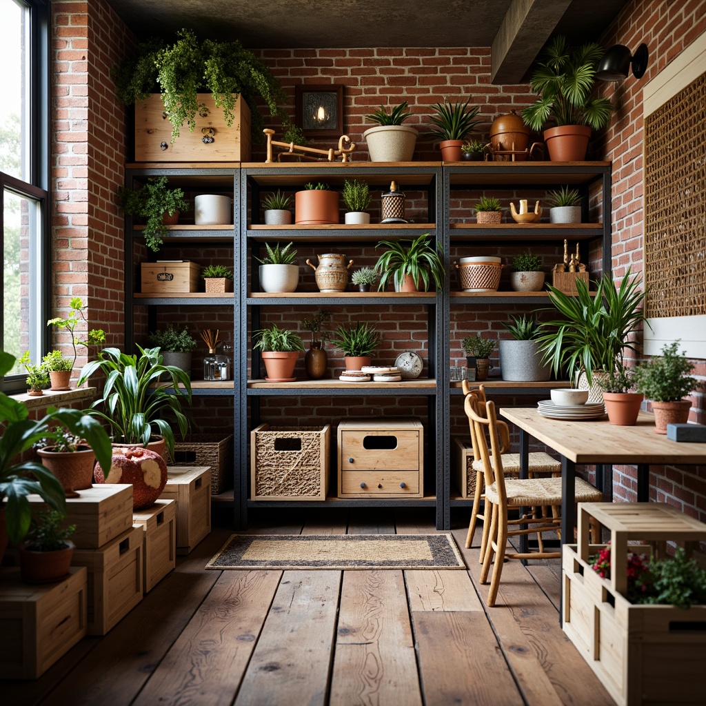 Prompt: Vibrant eclectic storage room, industrial metal shelving units, reclaimed wood crates, colorful woven baskets, distressed brick walls, rustic wooden floors, eclectic decorative objects, potted plants, soft warm lighting, shallow depth of field, 3/4 composition, realistic textures, ambient occlusion.