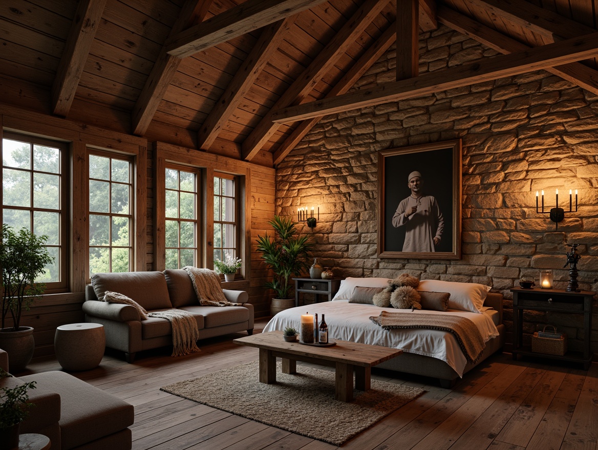 Prompt: Rustic cabin, wooden accents, reclaimed wood planks, exposed beams, stone walls, earthy tones, natural textures, rough-hewn lumber, distressed finishes, vintage metal decor, warm candlelight, cozy atmosphere, soft shadows, 1/1 composition, intimate setting, realistic wood grains, ambient occlusion.