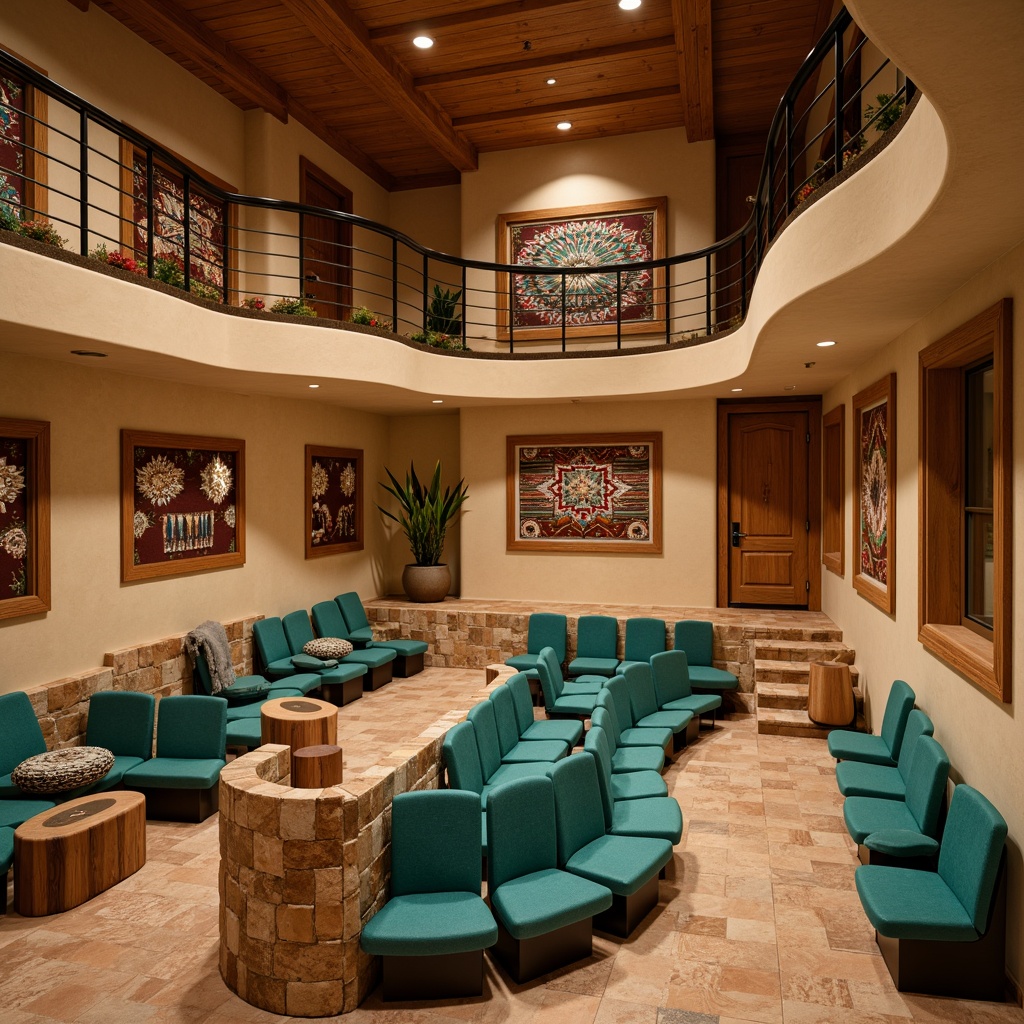 Prompt: Southwestern-style auditorium, warm beige walls, rustic wooden accents, woven tapestries, vibrant turquoise hues, geometric patterns, natural stone flooring, earthy tones, curved lines, organic shapes, acoustic panels with embroidered Native American designs, sound-absorbing materials, soft warm lighting, intimate setting, 3/4 composition, realistic textures, ambient occlusion.