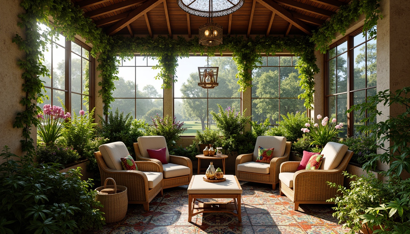 Prompt: Vibrant sunroom, lush greenery, exotic plants, natural stone walls, wooden beam ceilings, ornate metalwork, stained glass windows, colorful ceramic tiles, plush furnishings, soft warm lighting, cozy nooks, panoramic views, 3/4 composition, shallow depth of field, realistic textures, ambient occlusion, rustic wooden accents, woven wicker furniture, floral patterns, delicate lace curtains, elegant candelabras, whimsical sculptures.