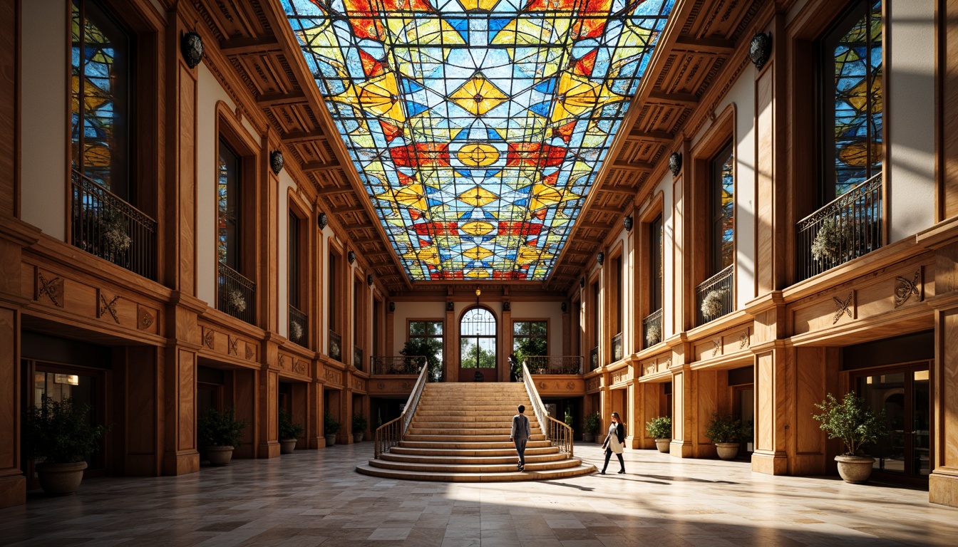 Prompt: Vibrant courthouse interior, stunning stained glass ceiling, intricate geometric patterns, kaleidoscope of colors, ornate architectural details, grand staircase, polished marble floors, elegant wooden accents, natural light pouring in, dramatic shadows, warm ambient lighting, 1/1 composition, symmetrical framing, shallow depth of field, realistic textures, subtle reflections.