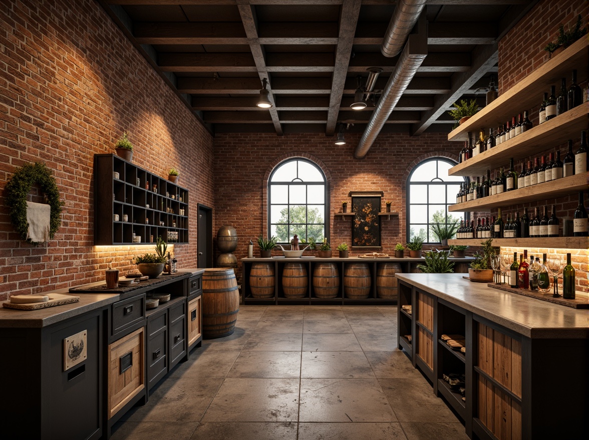 Prompt: Industrial wine cellar, exposed brick walls, metal beams, reclaimed wood accents, rustic stone floors, dimmed warm lighting, wooden crates, vintage wine barrels, modern metal shelving, grid-like storage systems, industrial-style pipes, concrete countertops, urban chic decor, distressed finishes, earthy color palette, soft ambient glow, shallow depth of field, 1/2 composition, realistic textures, atmospheric mist.