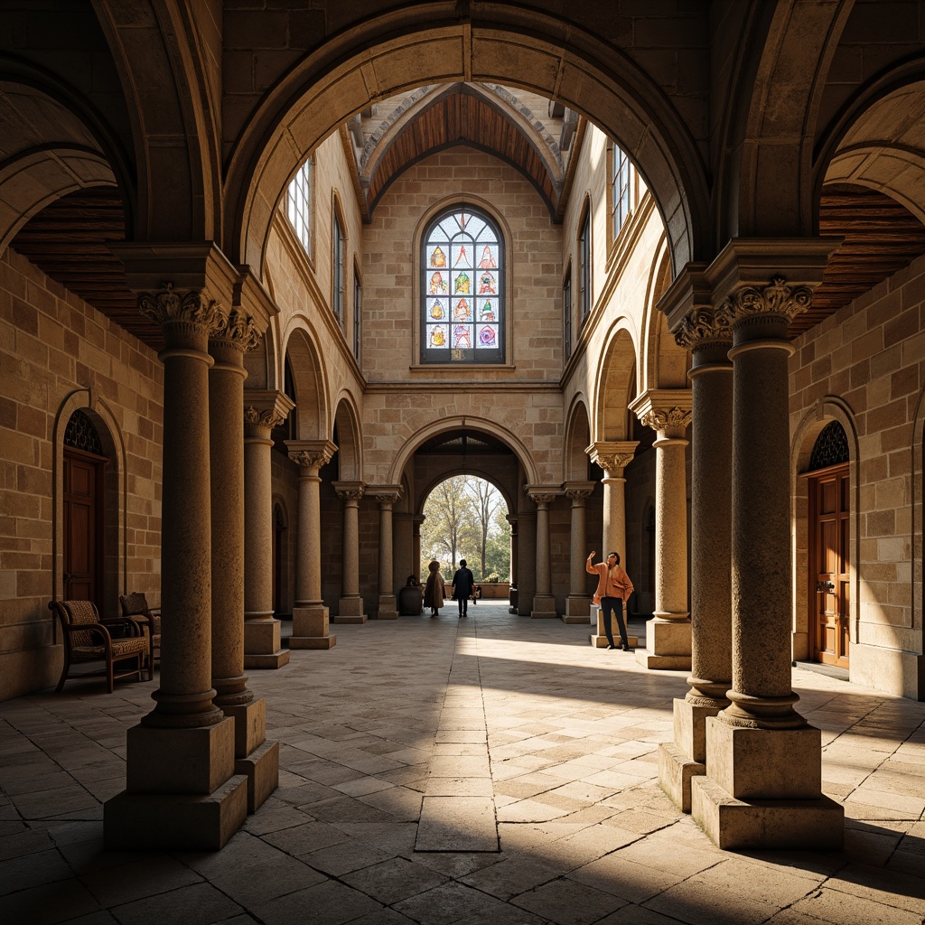 Prompt: Elegant monastery courtyard, ornate stone columns, intricately carved capitals, grand archways, vaulted ceilings, stained glass windows, rustic brick walls, serene cloister ambiance, warm golden lighting, soft misty atmosphere, dramatic shadows, symmetrical composition, 1/2 framing, shallow depth of field, realistic textures, ambient occlusion.