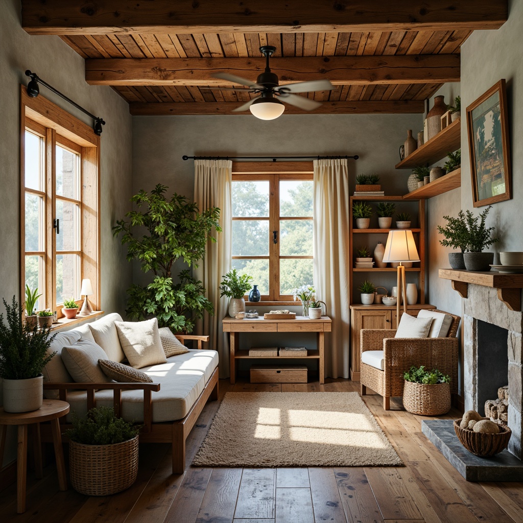 Prompt: Rustic farmhouse interior, warm earthy tones, weathered wood accents, soft creamy whites, muted blues, distressed finishes, vintage decor, natural textiles, woven baskets, potted greenery, country-chic furnishings, reclaimed wood walls, exposed beams, cozy nooks, warm candlelight, soft morning light, shallow depth of field, 1/1 composition, inviting atmosphere.