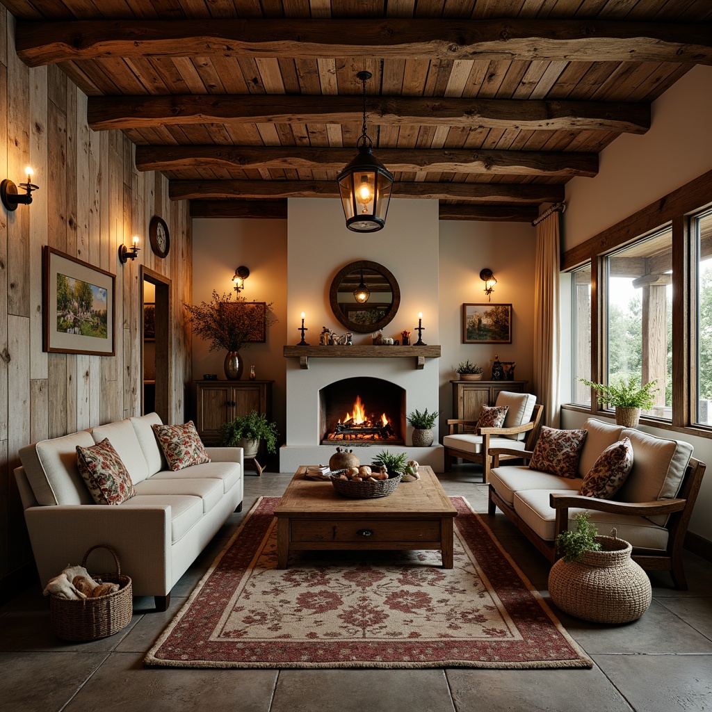 Prompt: Rustic wooden beams, distressed finishes, vintage decorations, warm candle lighting, earthy color palette, natural stone flooring, plush area rugs, comfortable sofas, wooden coffee tables, antique armchairs, woven baskets, pinecone accents, lantern-style chandeliers, nature-inspired artwork, soft warm glow, cozy atmosphere, 1/1 composition, shallow depth of field, realistic textures.