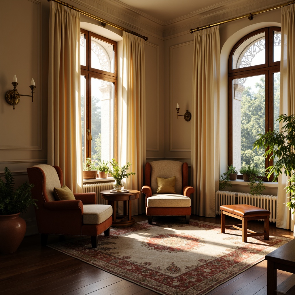 Prompt: Warm beige walls, soft creamy accents, rich walnut wood tones, plush velvet upholstery, delicate lace curtains, vintage brass fixtures, distressed leather armchairs, cozy reading nooks, natural fiber rugs, earthy terracotta pots, lush greenery, warm golden lighting, shallow depth of field, 3/4 composition, intimate atmosphere, realistic textures, ambient occlusion.