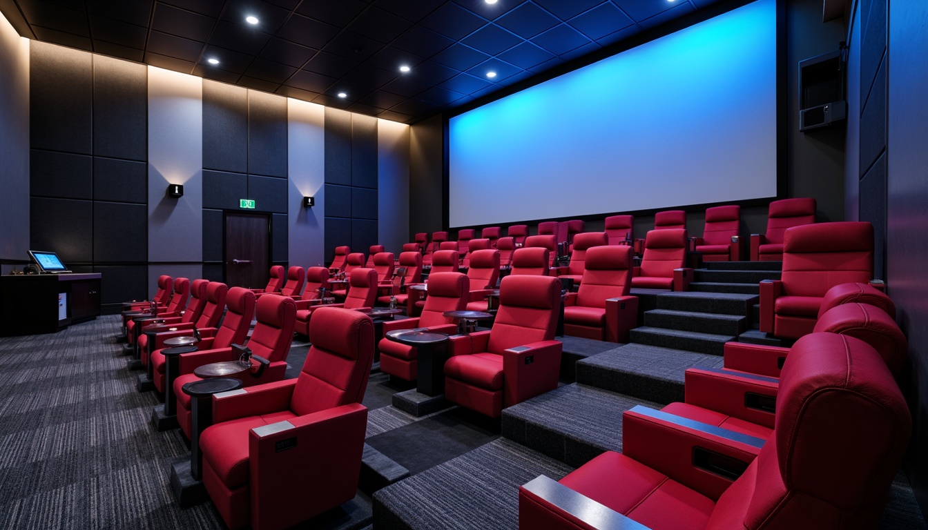 Prompt: Streamlined cinema seats, velvet upholstery, metallic accents, ambient lighting, cinematic color palette, futuristic control panels, sleek glass surfaces, minimalist decor, luxurious textures, soft cushioning, ergonomic design, curved lines, silver screens, premium leather, high-tech integrations, 1/1 composition, shallow depth of field, panoramic view, realistic reflections, ambient occlusion.