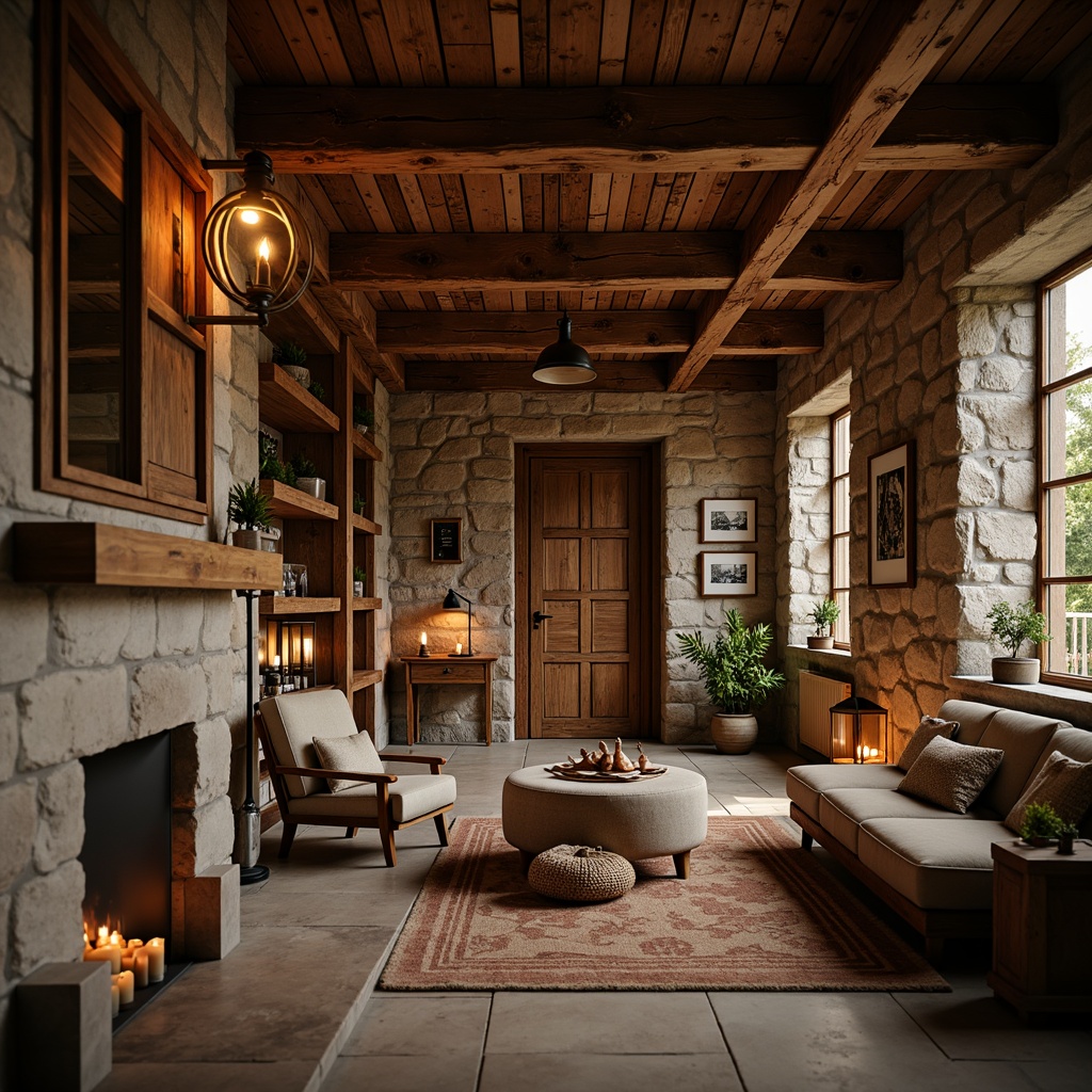 Prompt: Rustic cabin, wooden beams, earthy tones, vintage lighting fixtures, metal lanterns, candles, warm soft glow, cozy ambiance, natural stone walls, reclaimed wood floors, distressed finishes, country-style decor, wooden shutters, woven textiles, nature-inspired accents, autumnal color palette, golden hour, shallow depth of field, 1/2 composition, atmospheric perspective.