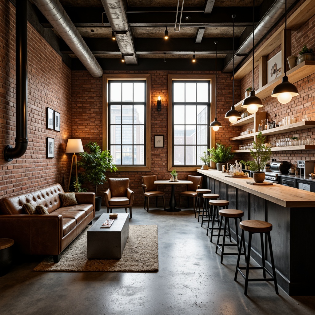 Prompt: Exposed brick walls, metal beams, reclaimed wood accents, industrial-style lighting fixtures, polished concrete floors, urban loft atmosphere, vintage factory machinery, distressed leather sofas, metallic tables, Edison bulbs, minimalist decor, functional pipes, poured concrete counters, urban coffee culture, morning sunlight, soft warm ambiance, shallow depth of field, 3/4 composition, realistic textures, ambient occlusion.