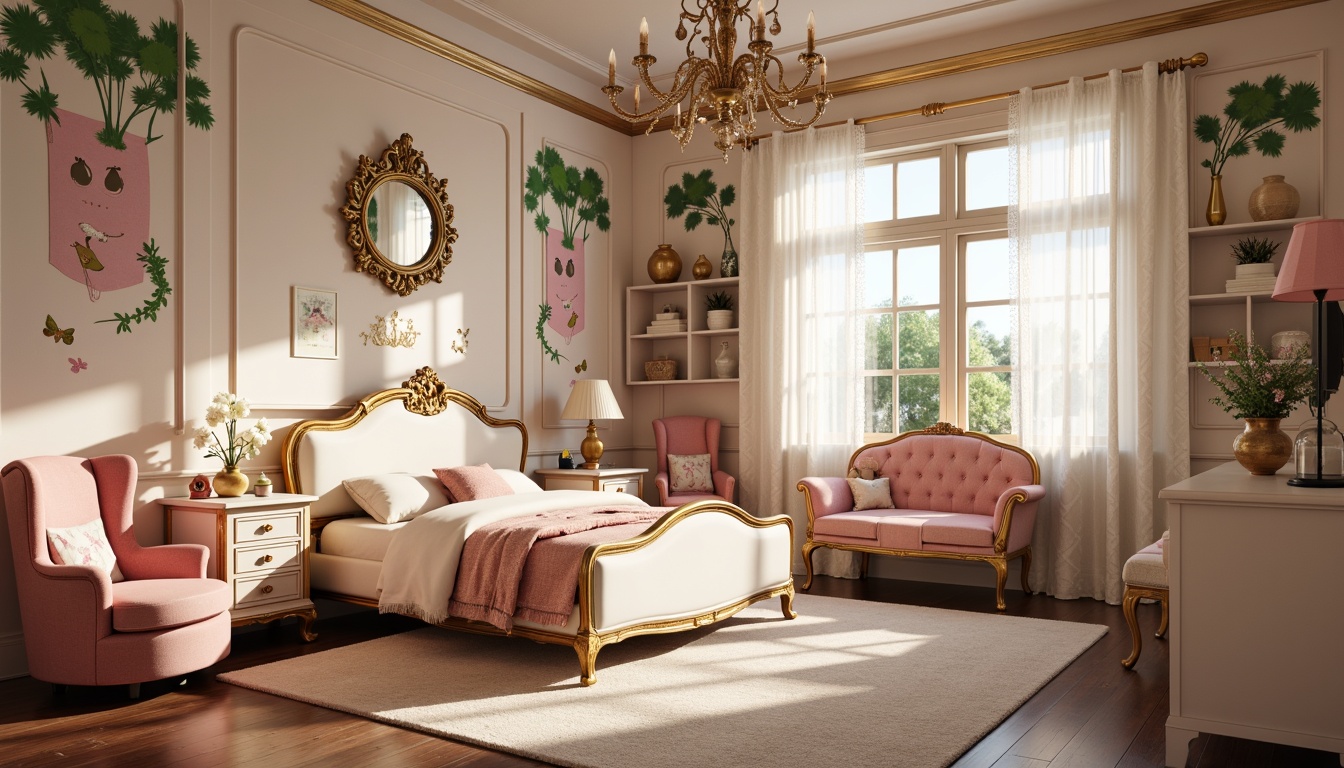 Prompt: Whimsical kid's bedroom, ornate Rococo furniture, soft pastel colors, intricate carvings, gilded accents, plush velvet fabrics, delicate lace curtains, crystal chandeliers, playful murals, gentle warm lighting, shallow depth of field, 1/1 composition, soft focus, romantic ambiance, French-inspired elegance, luxurious textures, subtle animations.