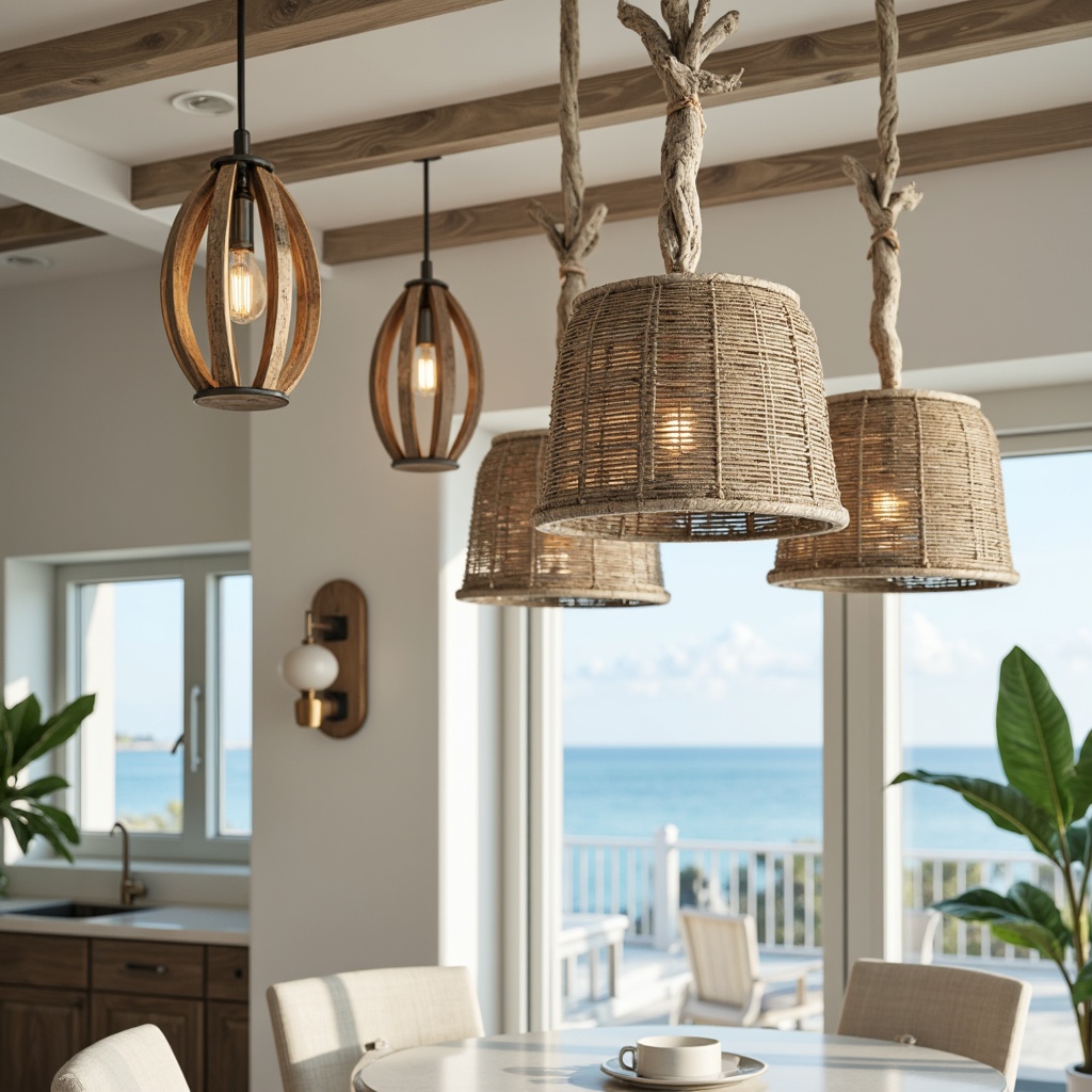 Prompt: Driftwood-inspired chandeliers, sea-glass pendant lights, rustic metal sconces, nautical rope details, weathered wood accents, ocean-breeze color palette, soft warm glow, coastal-themed lamp shades, woven wicker textures, natural linen fabrics, distressed finishes, beachy vibe, sunny day ambiance, gentle ocean waves sounds, 1/1 composition, realistic reflections, ambient occlusion.