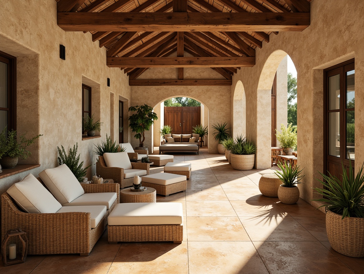 Prompt: Warm Mediterranean villa, rustic stone walls, terracotta tiles, earthy color scheme, soft beige, warm golden sand, turquoise accents, creamy whites, rich wood tones, lush greenery, natural textiles, woven baskets, distressed finishes, vintage decorative items, abundant sunlight, warm ambient lighting, shallow depth of field, 1/1 composition, realistic textures.