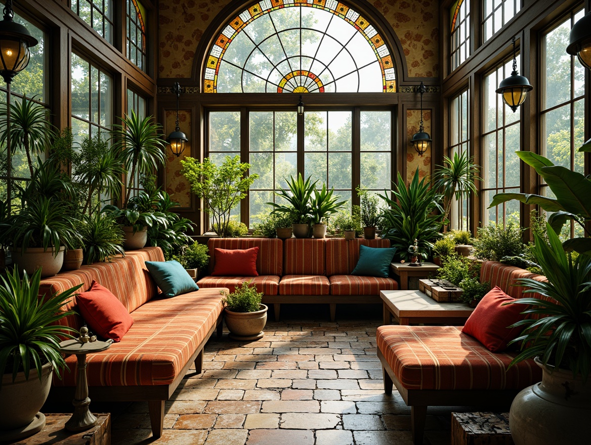 Prompt: Vibrant sunroom interior, lush greenery, exotic plants, ornate metalwork, stained glass windows, colorful ceramic tiles, plush throw pillows, rustic wooden accents, natural stone flooring, cozy reading nooks, warm ambient lighting, soft diffused shadows, 1/1 composition, intimate atmosphere, realistic textures, subtle color grading, sun-drenched atmosphere, relaxed seating areas.