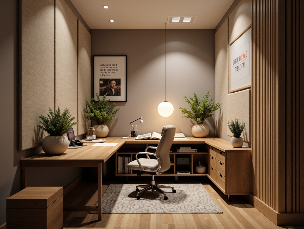 Prompt: Cozy home office, sound-absorbing panels, acoustic foam, wooden desk, ergonomic chair, calming plants, warm lighting, minimalist decor, rectangular room shape, 45-degree corner placement, diffused reflections, subtle color palette, textured rug, soundproofing materials, audio equipment, microphone stand, headphone holder, creative workspace, inspirational quotes, natural wood accents, soft-close drawers, comfortable atmosphere, reduced echo, improved sound clarity.