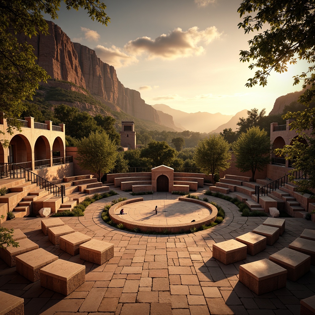 Prompt: Vibrant open-air amphitheater, warm beige stone seating, lush greenery surroundings, rich wood accents, earthy brown terracotta flooring, soft warm lighting, dramatic sunset views, majestic mountainous backdrop, natural rock formations, rustic metal railings, inviting entrance archways, comfortable cushioned benches, subtle gradient color transitions, 1/1 composition, atmospheric perspective, realistic texture details, ambient occlusion.