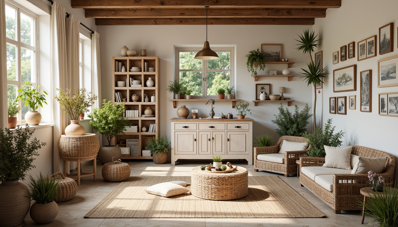 Prompt: Rustic craft room, distressed wood accents, soft creamy whites, warm beige tones, faded blue hues, vintage-inspired decorations, ornate metal hardware, woven wicker furniture, natural linen textiles, earthy terracotta vases, lush greenery, sunny afternoon light, soft warm glow, shallow depth of field, 3/4 composition, panoramic view, realistic textures, ambient occlusion.