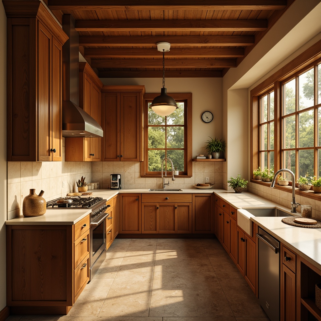 Prompt: Warm and inviting kitchen, soft golden lighting, elegant cabinetry, rich wood tones, creamy countertops, classic Shaker-style furniture, stylish pendant lamps, warm beige walls, rustic stone flooring, earthy color palette, natural textures, subtle shadows, 1/1 composition, intimate atmosphere, cozy nooks, gentle ambient lighting, sophisticated modern fixtures, polished chrome accents.