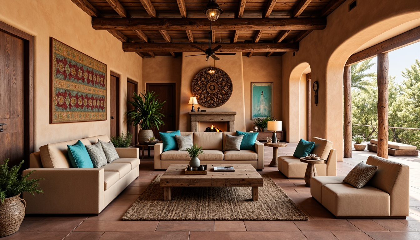 Prompt: Southwestern-style living room, warm earthy tones, terracotta flooring, woven baskets, natural fiber rugs, rough-hewn wooden beams, adobe-inspired walls, colorful tapestries, geometric patterned throw pillows, vibrant turquoise accents, rustic metal lighting fixtures, reclaimed wood coffee tables, plush suede sofas, cozy nooks, soft warm lighting, shallow depth of field, 2/3 composition, inviting atmosphere, realistic textures, ambient occlusion.