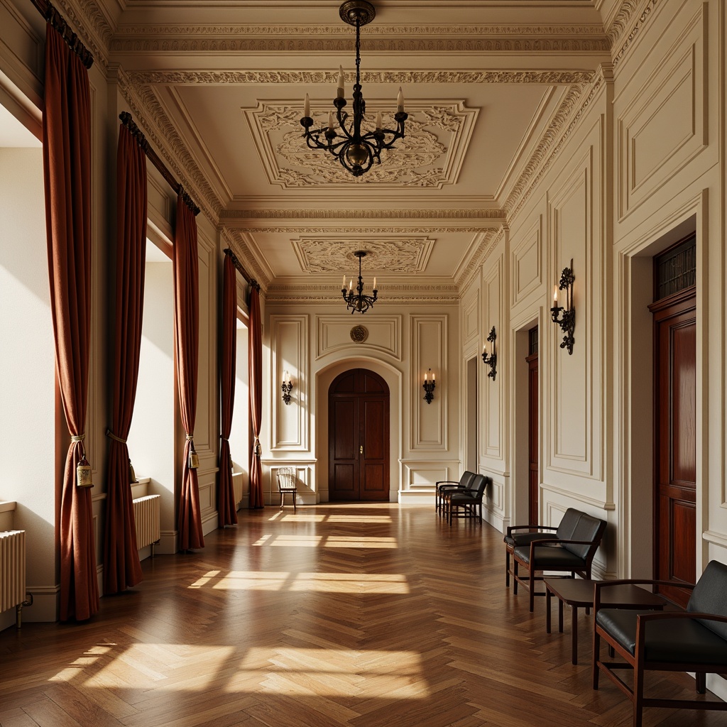 Prompt: Traditional student halls, ornate wooden paneling, cream-colored stucco walls, decorative molding, intricate cornices, grandiose chandeliers, luxurious velvet drapes, rich wood flooring, classic columns, elegant archways, neutral color palette, soft warm lighting, subtle texture variation, 1/1 composition, symmetrical framing, realistic renderings, ambient occlusion.